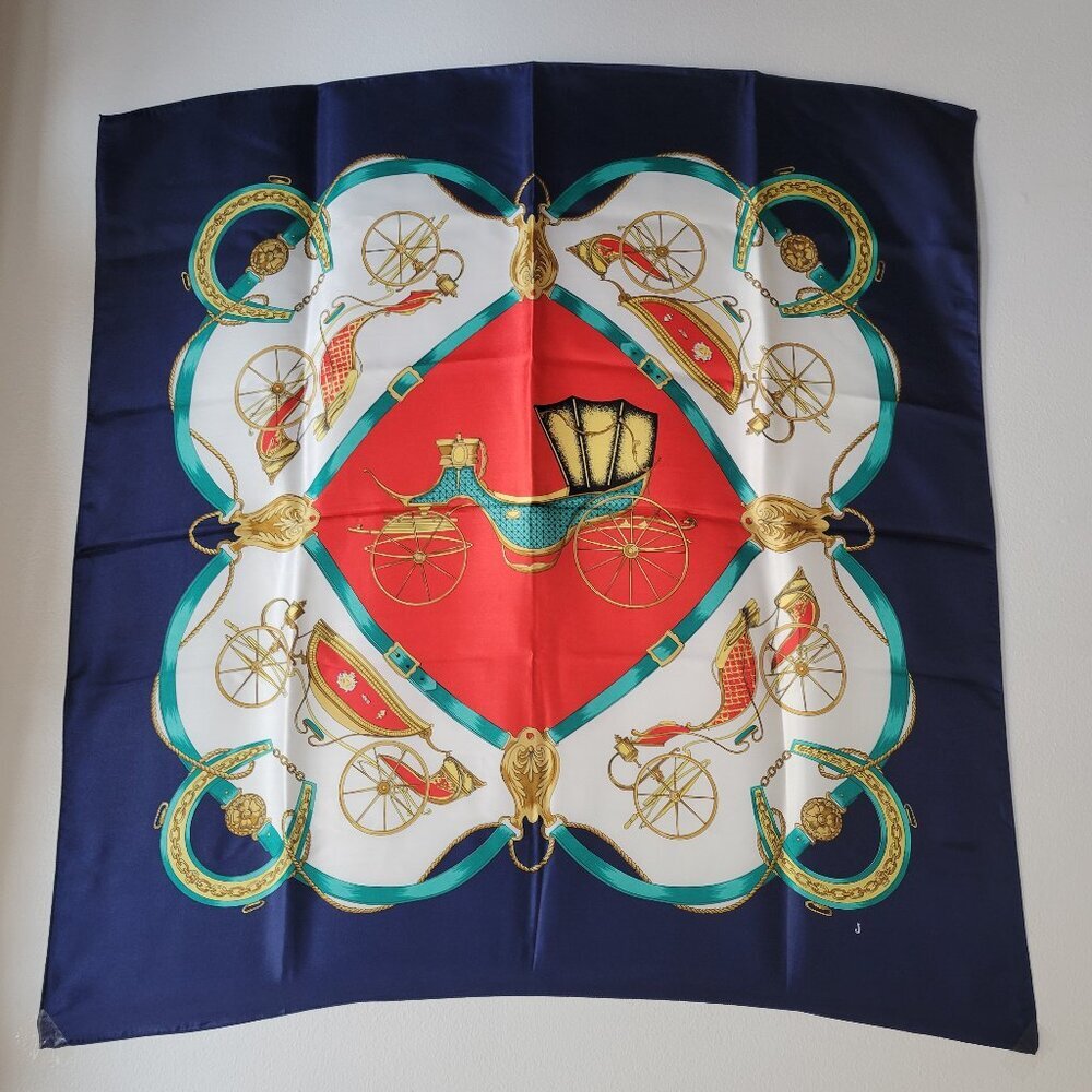 Vintage Equestrian Horse Carriage Blue Red  Gold 100 Silk Scarf